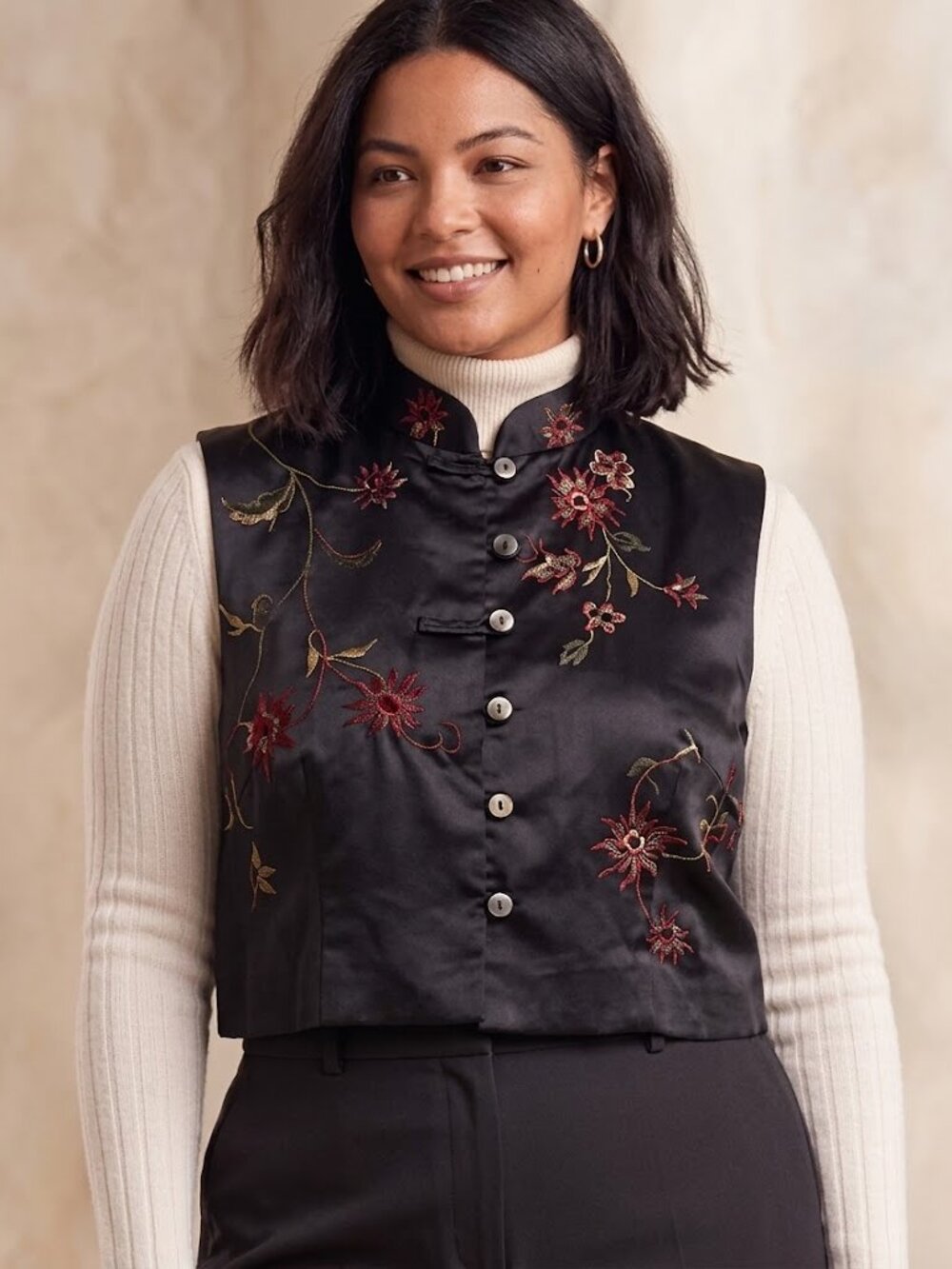 Vintage Susan Bristol Silk Embroidered Vest Floral Mandarin Collar Waistcoat XL